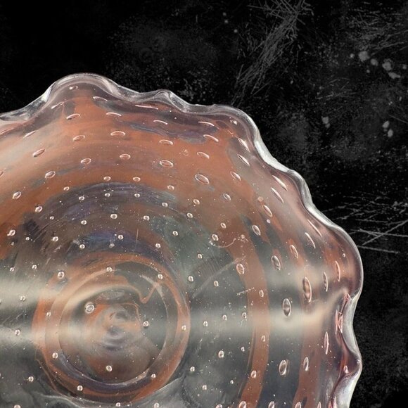 Hand Blown Art Glass Dish Bowl Ruffled Edges Purple Amethyst Glass Bullicante - Picture 7 of 9